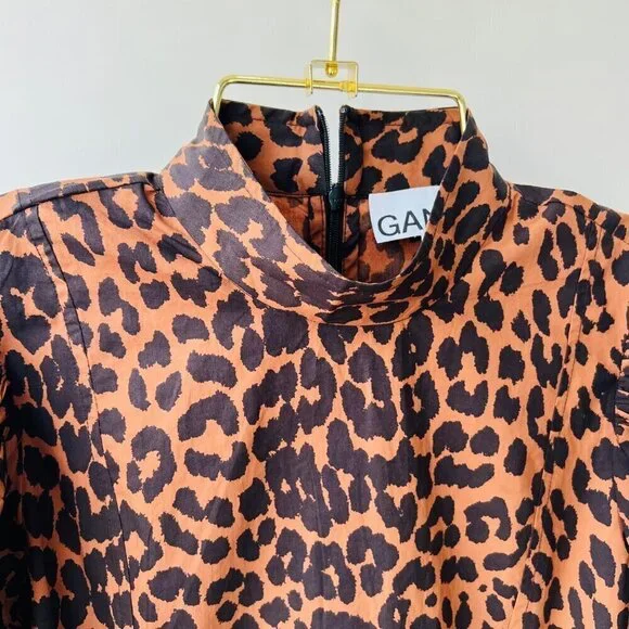 Ganni Sustain Leopard puff sleeves midi dress, Brown Leopard, Size 34 - Picture 12 of 13